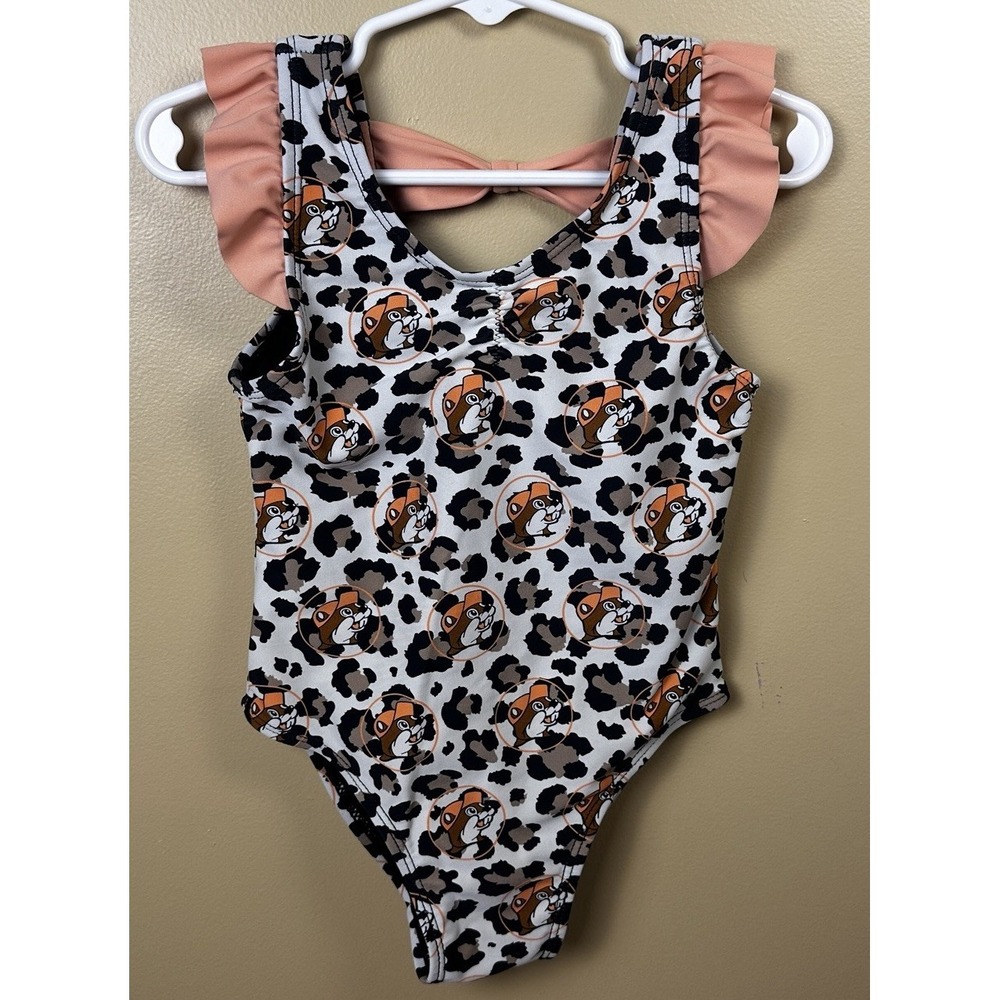 Buc-ee's 2T Baby Girl Leopard Print Beaver Logo Swimsuit‎ Ruffles & Bow